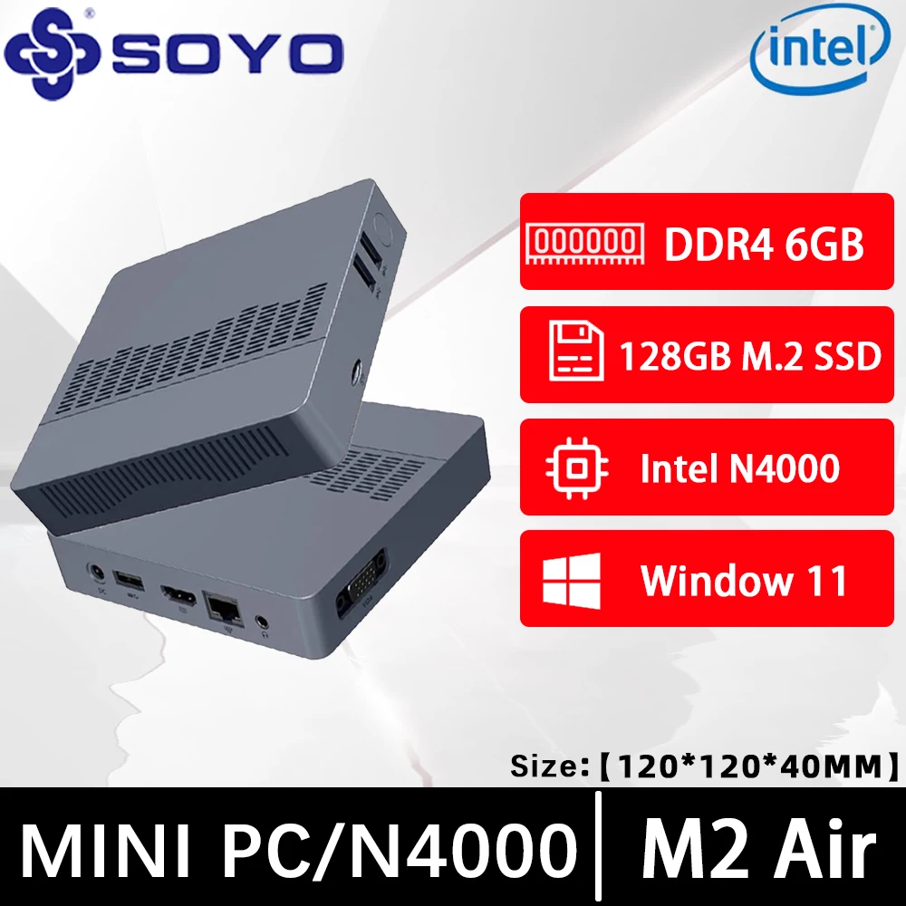 SOYO Mini PC M2 AIR Windows 11 8GB RAM 128GB M.2 SSD Intel N4000 M.2 Slot Computer Dual-Band WiFi HDMI VGA Bluetooth Mini PC