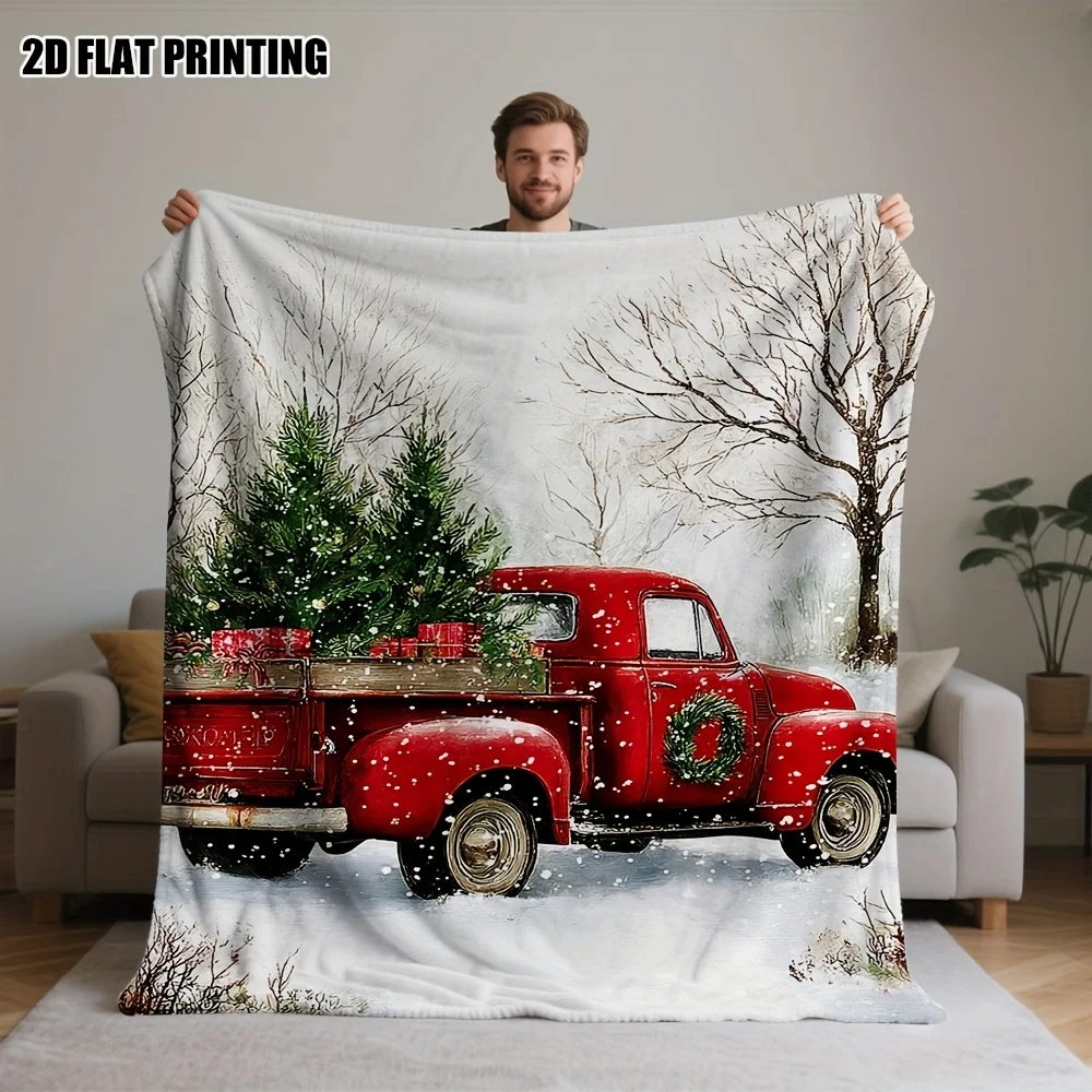

Christmas Truck Tree Throw Blanket Red Pickup Truck with Green Wreaths Machine Washable Soft Flannel Cozy Bedspread for Home