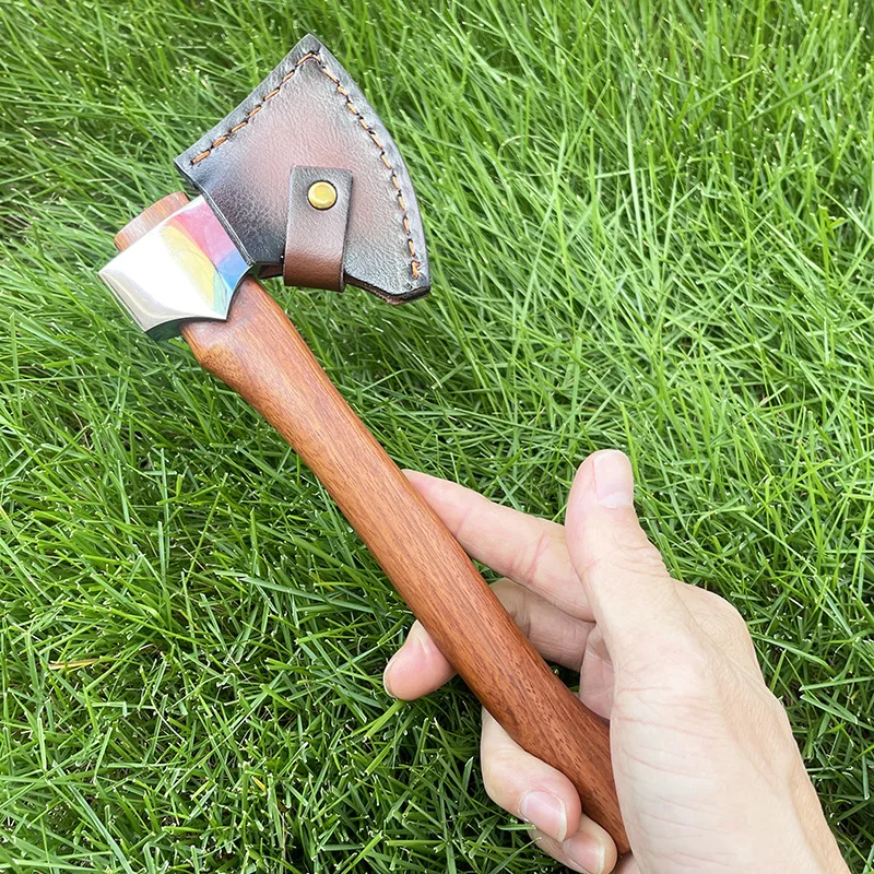 21.5cm Stainless Steel Sharp Mountain Axe Outdoor Camping Survival Felling Axes Sandalwood Handle Fixed Blade Knife With Case