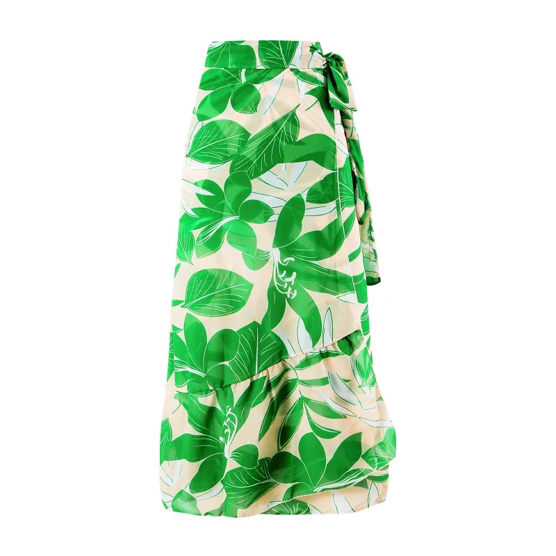 One-piece swimsuit, slim and retro for women, green printed set, chiffon long skirt, new