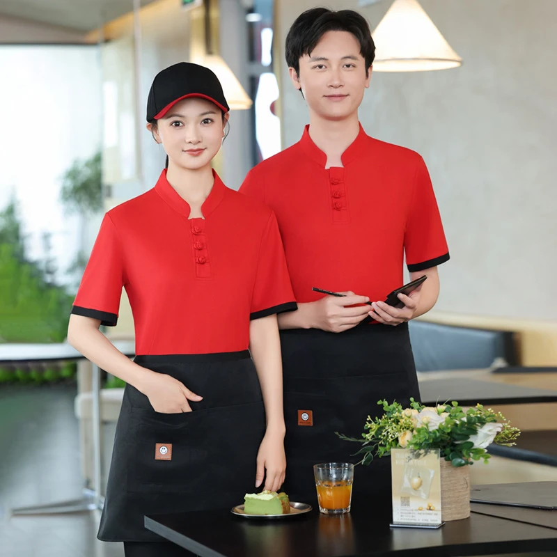 

2603Рабочая униформа для персонала ресторанов: летняя одежда с коротким рукавом и принтованным логотипом для сотрудников китайских ресторанов и заведений с горячим блюдом.