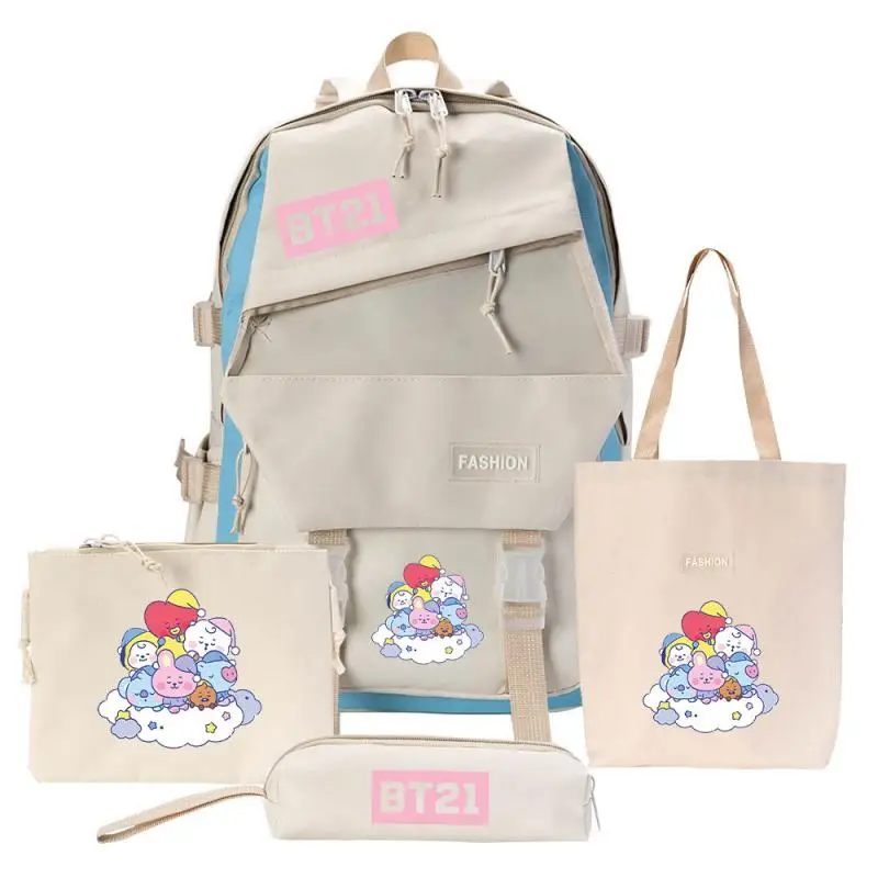 4Pcs Anime Bt21 Bt21 School Bag Backpack Crossbody Bag Four-Piece Set Creative New Student Handbag Pencil Case Gift for Kids