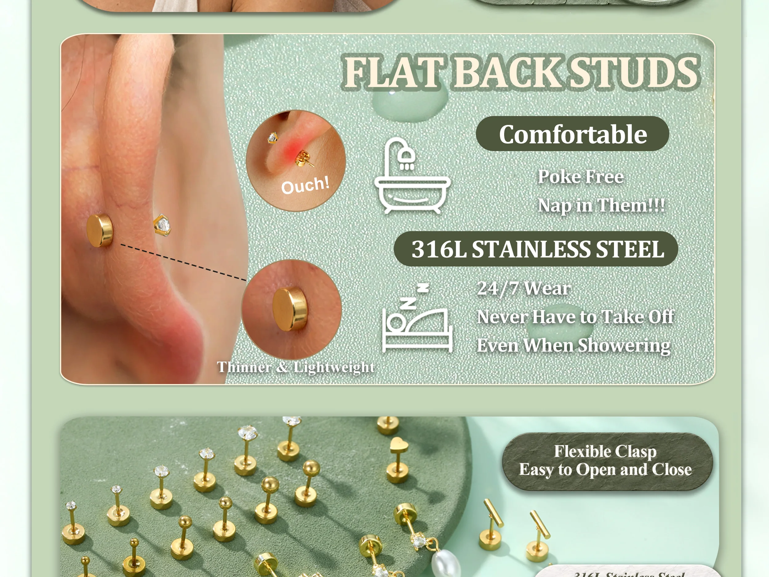 Drperfect 1 Paar hypoallergene flache Ohrringe für Damen, aus chirurgischem Stahl, für Knorpel, Tragus, Conch, Helix, Piercing-Schmuck – Detail 3