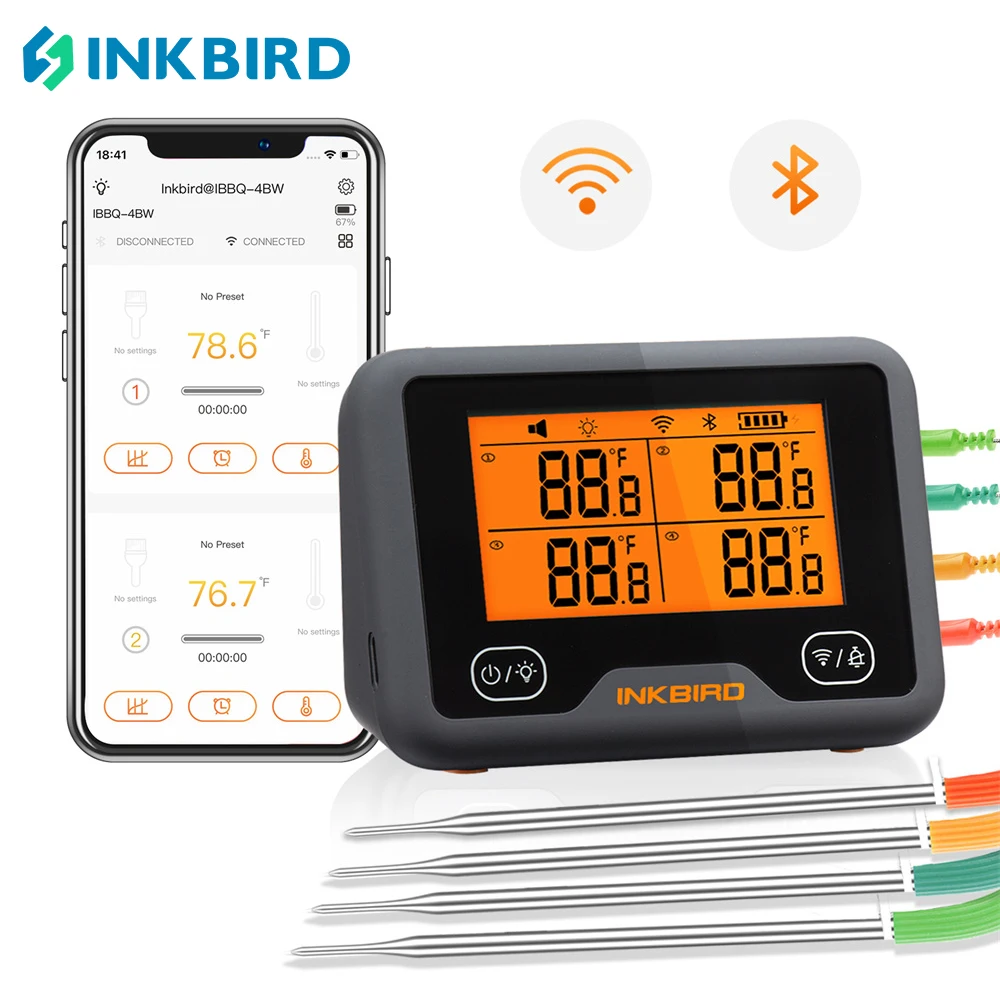 INKBIRD Digital Cooking bbq Grill Thermometer with 4 Probe IBBQ-4BW Wi-Fi&Bluetooth Thermometer for Smoker Oven Kitchen Free App