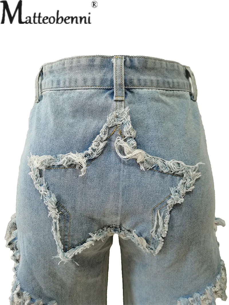 Sexy Broken Holes Splicing Tassel Straight Jeans Female Fashion Hollow Out Denim Pants Trend Casual Streetwear Women's Trousers