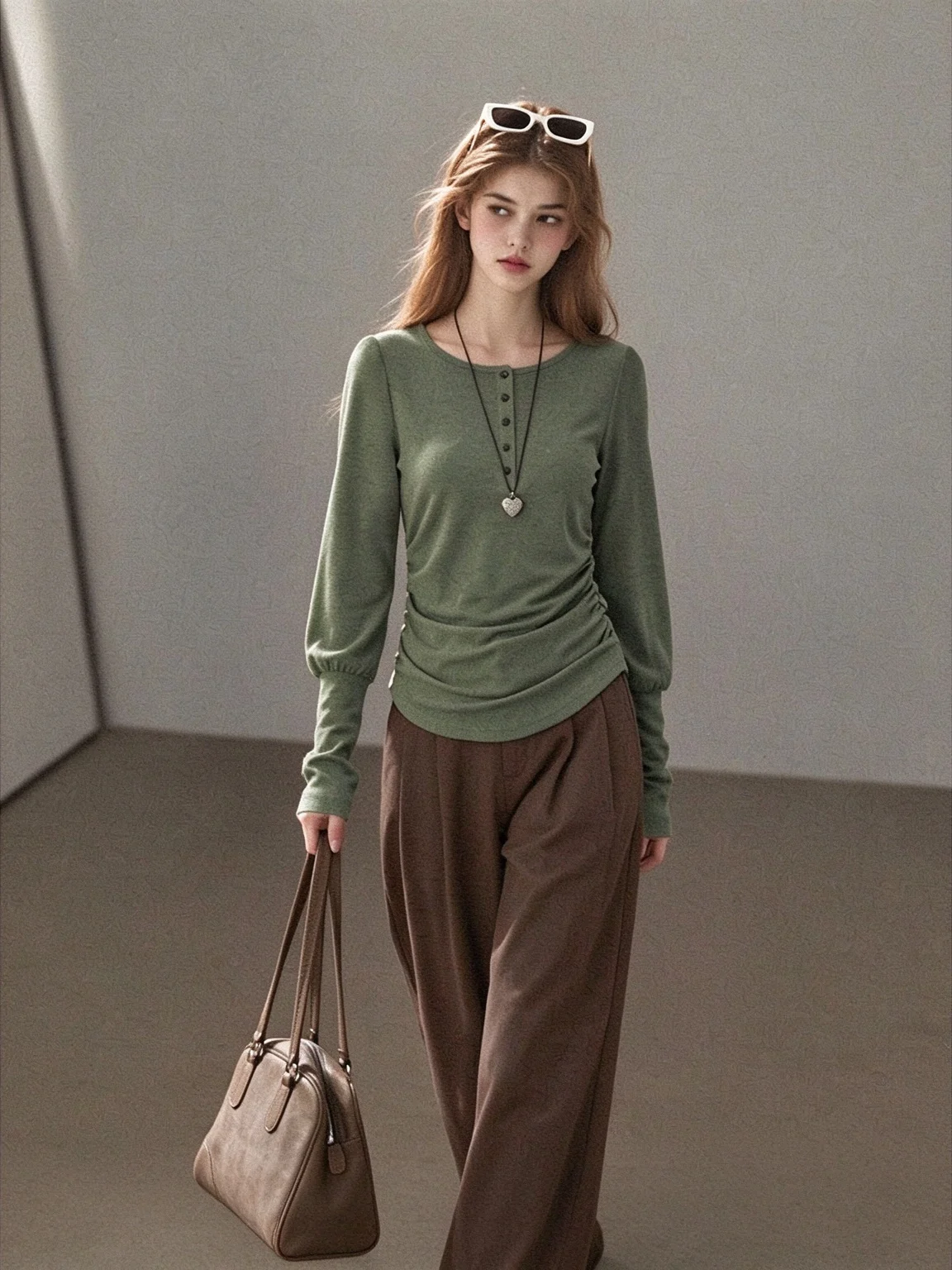Green Long Sleeve Henry Collar T-Shirt Women's Autumn Folded Waist Base Layer Light Maturity Unique Style Shirt Top