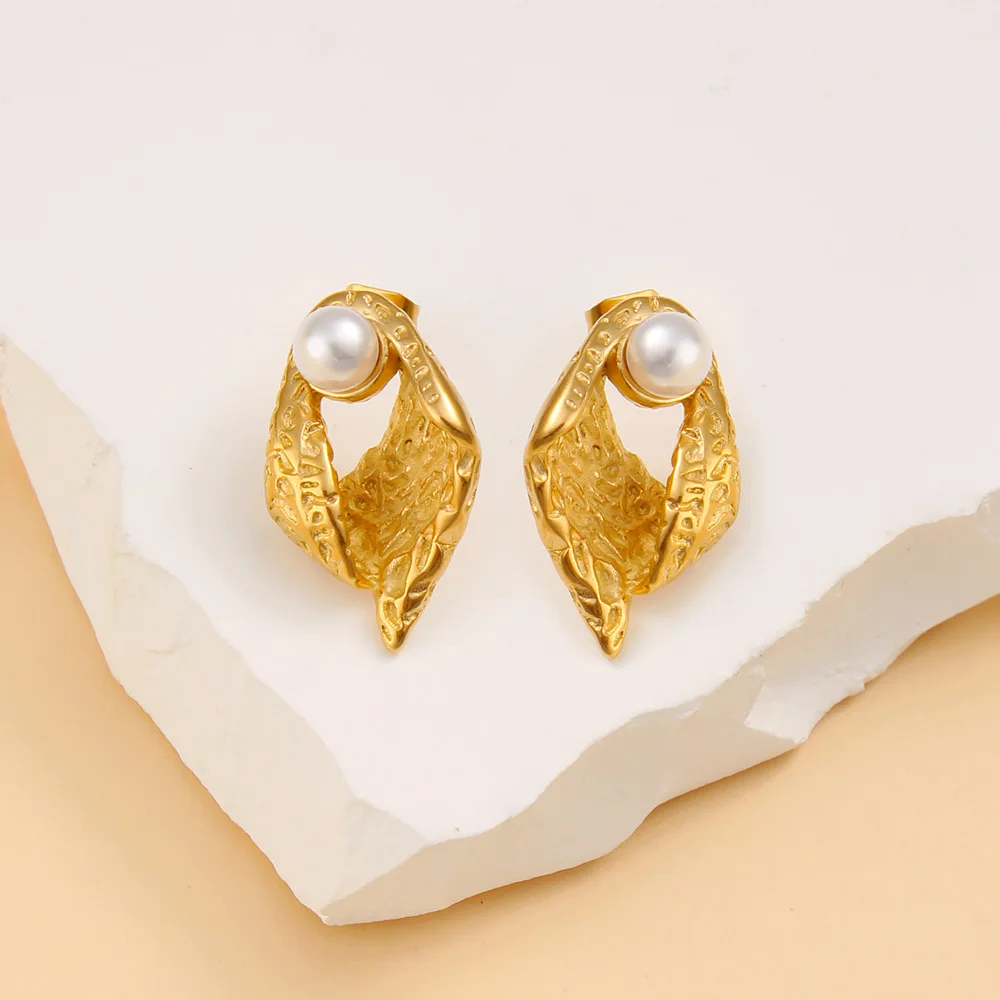 DIY accessories Cross border French vintage irregular texture pearl earrings stainless steel 18K gold summer personality fashion