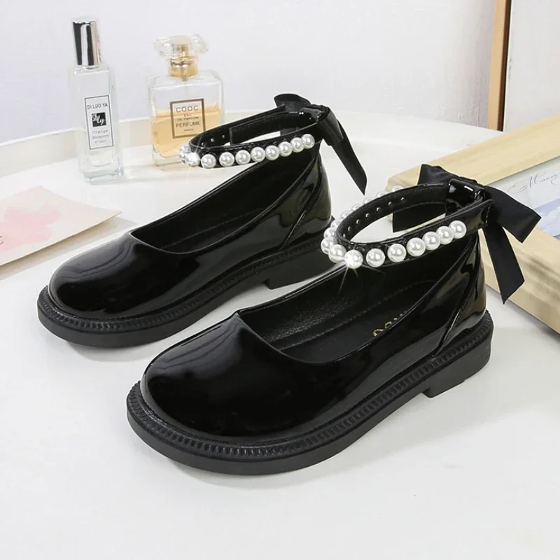 New Autumn Girl Glossy Leather Shoes Children Princess Back Bowknot Beading Single Shoes Kid School Solid Black Dance Mary Janes