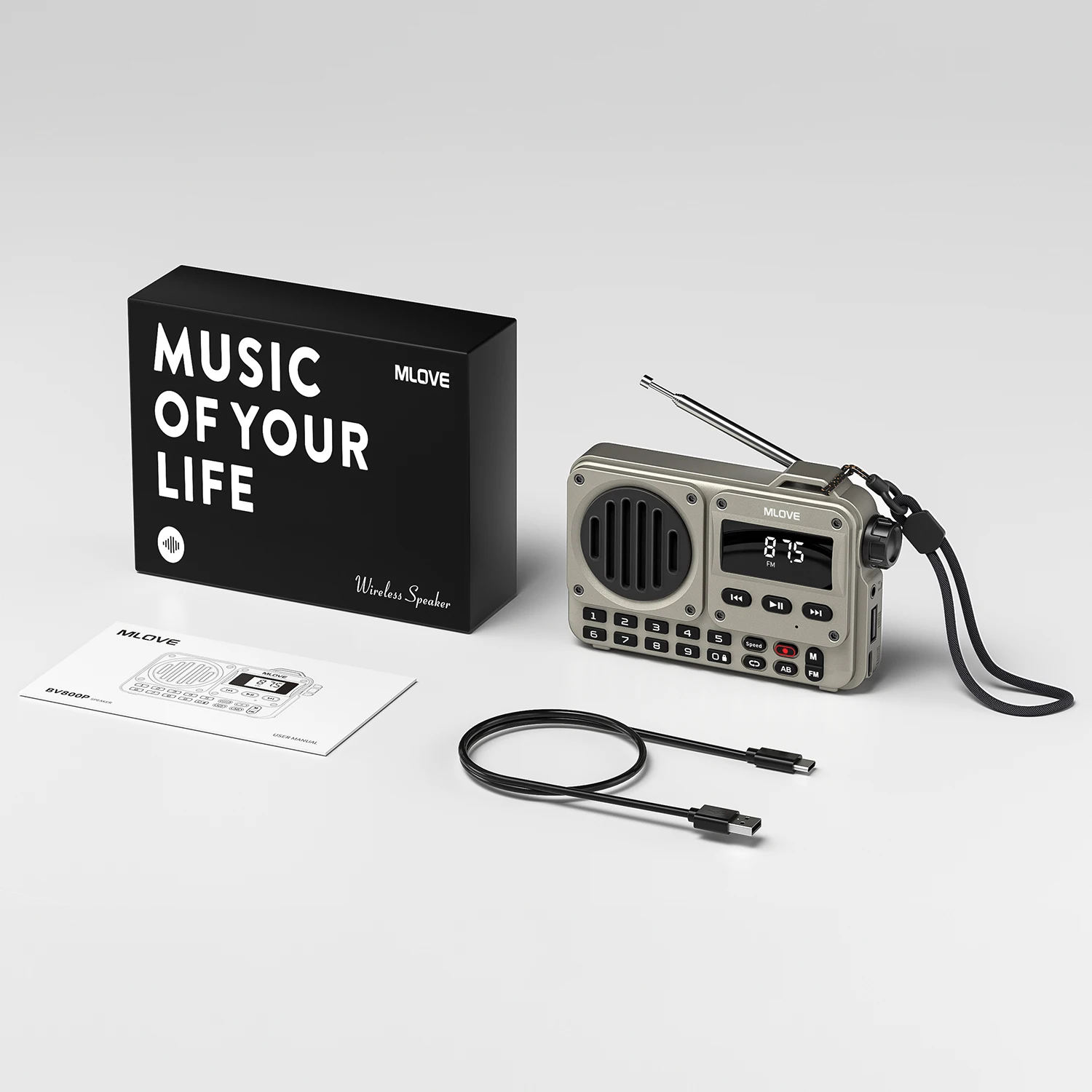 Sansui Rádio FM Portátil Bluetooth Gravador HIFI 800mAh