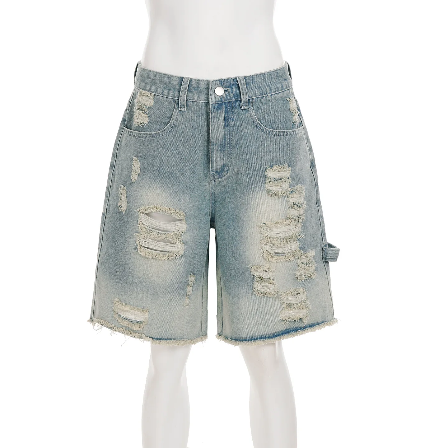 American Street Retro Old Ripped Straight Denim Jeans High Waist Casual Rough Edge Wide Leg Five-point Pants Baggy Jeans