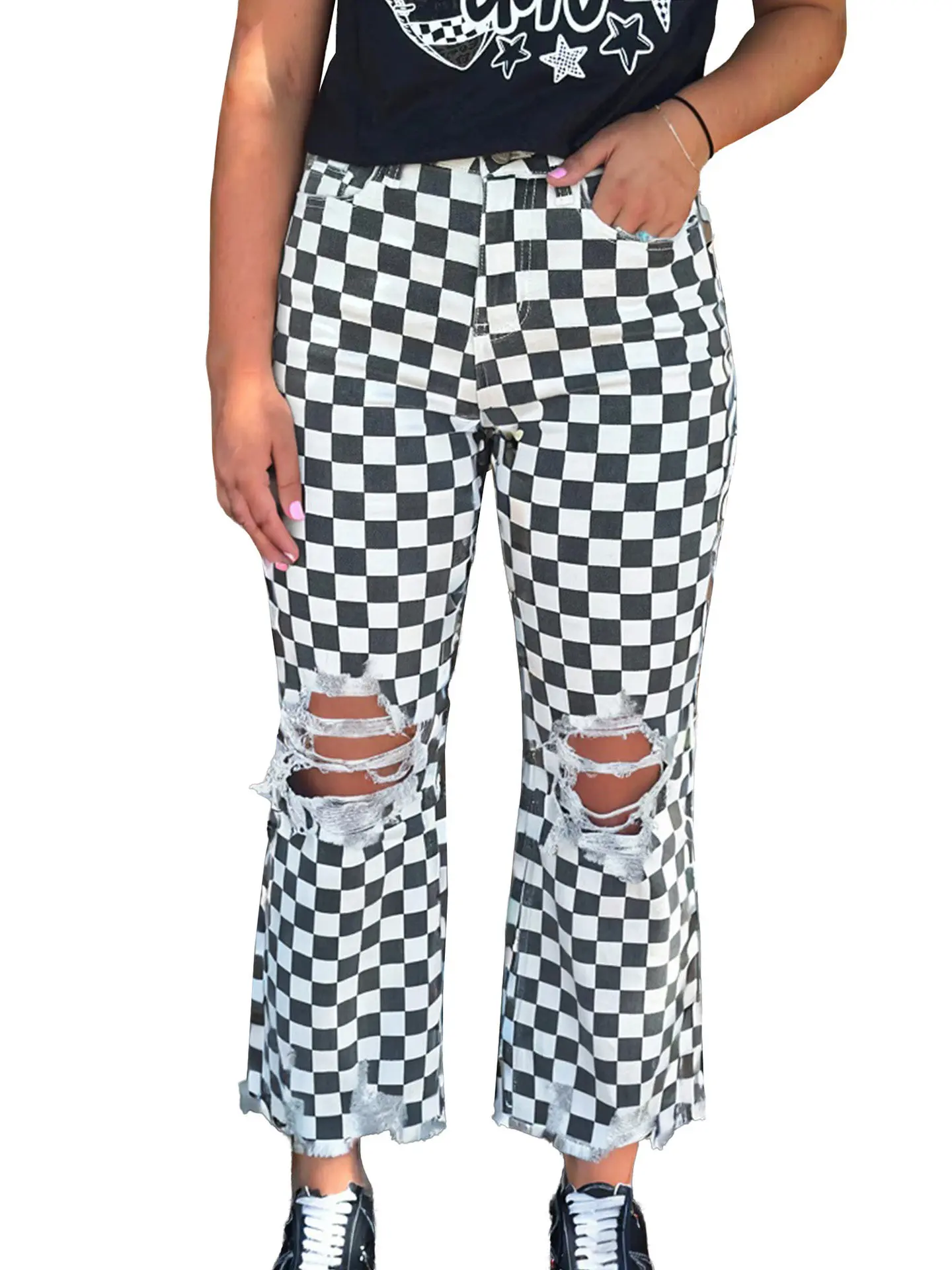 DearLover High Waist Straight Leg Denim Jeans Women's Summer New Design Checkerboard Print Hole Punchy Frayed Cotton Casual J...