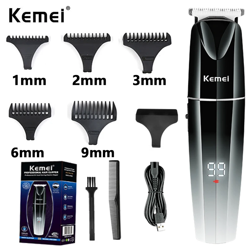 Kemei Cordless Hair Trimmer Professional Ceramic T Blade Clipper LCD Display Rechargeable Men Hair Cutting Fresh Fade Low Noise