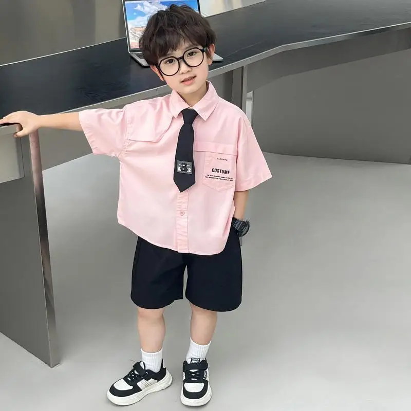 Boys' Sets Short Sleeved Button Shirt Shorts Two-piece Summer Suits 2024 New Children's Clothing Korean Tie College Style Suits