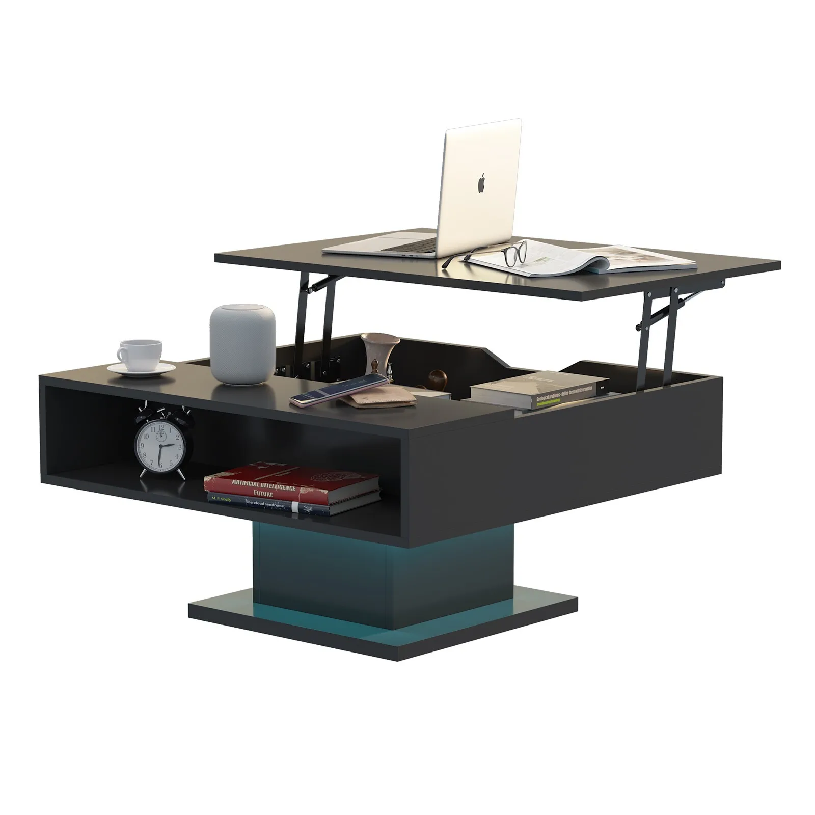 طاولة قهوة Cafe TablesLift مع مساحة تخزين واسعة ومدمجة في تصميم مربع بإضاءة LED لغرفة المعيشة الحديثة