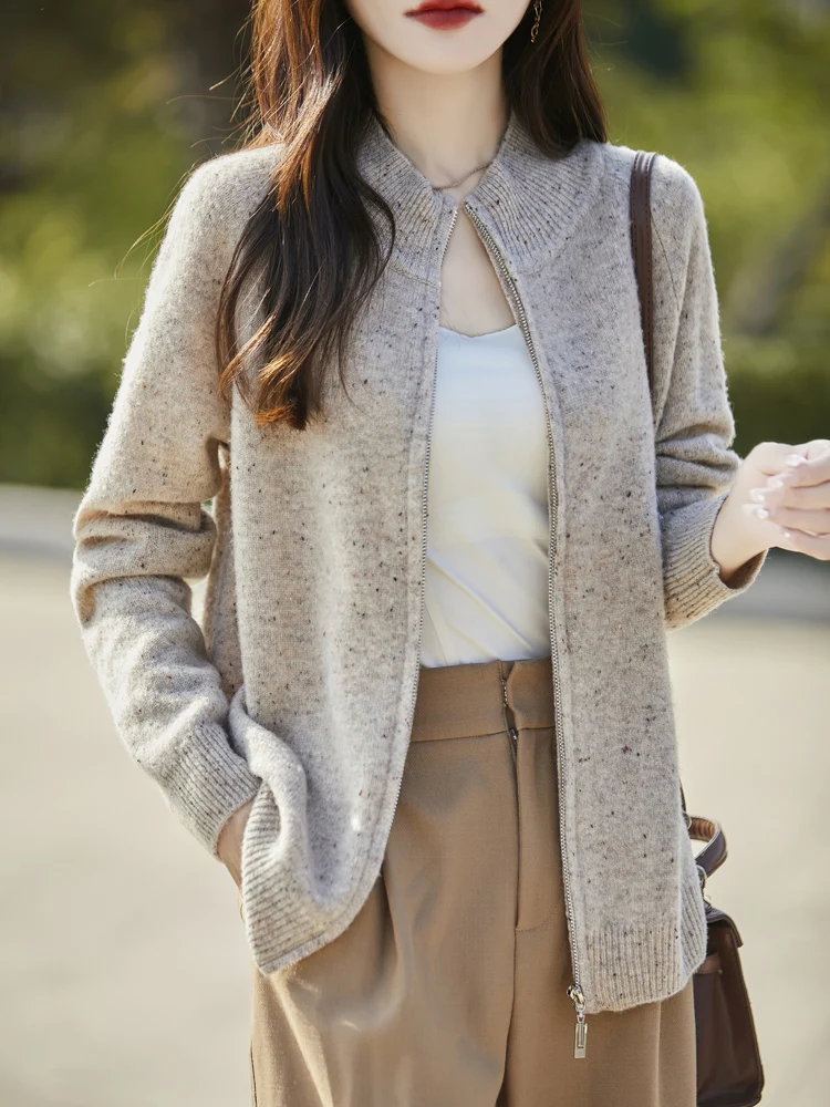 100% Merino Wool Zip-Up Cardigan Women Speckled Knit Jacket Soft Warm Fall Winter Sweater Casual Chic Lightweight Outerwear Top