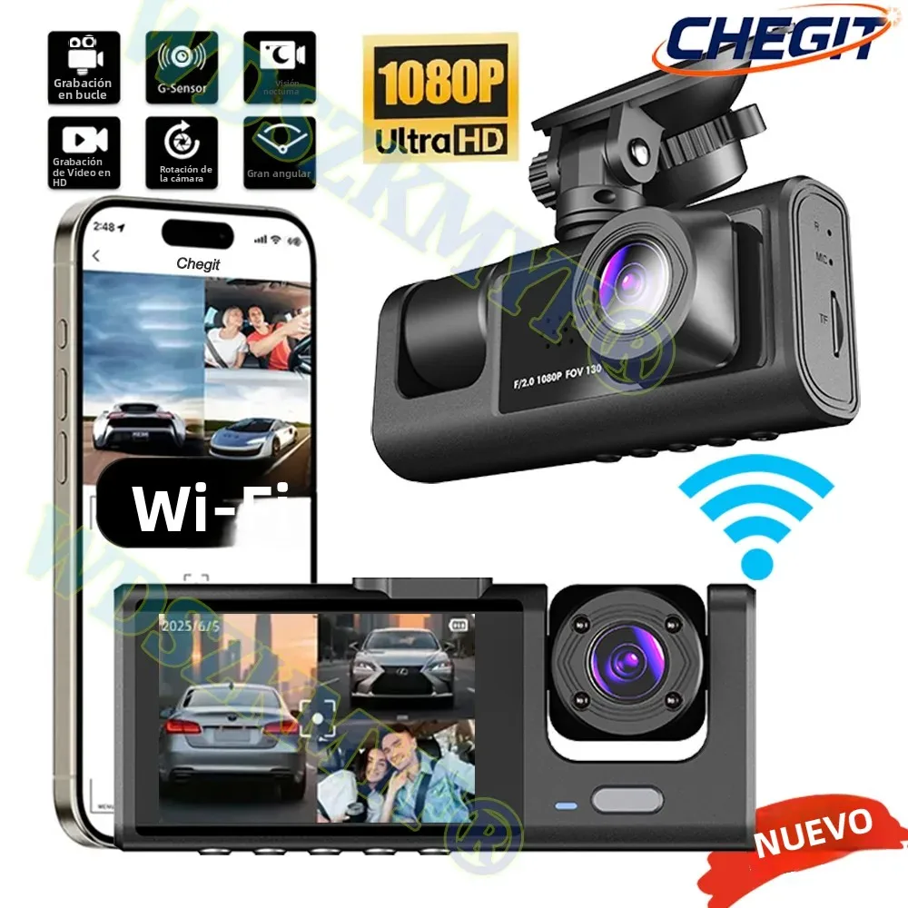 Cámara para Coche con Wifi, 3 Canales, Visión Nocturna, Grabación en Bucle y Pantalla IPS de 2 Pulgadas, Grabadora DVR 1080P con 2/3 Cámaras, Grabadora de Video, DVR para Vehículo