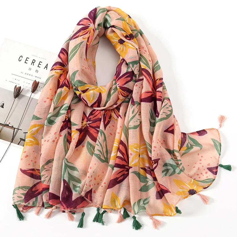 New Floral Tassel Viscose Shawl Scarf For Women Print Hijab Lady High Quality Wrap Pashmina Stole Bufandas Muslim Hijab Foulard