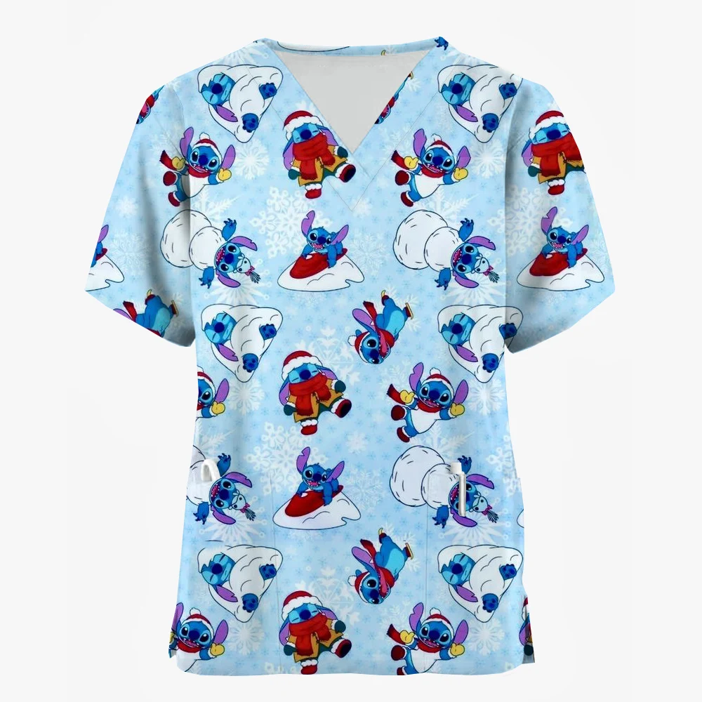 Disney Stitch print Nurse Scrubs top Christmas Unisex Medical Uniform Cartoon Nurse Scrubs t-shirt dentista Beauty Spa Workwear