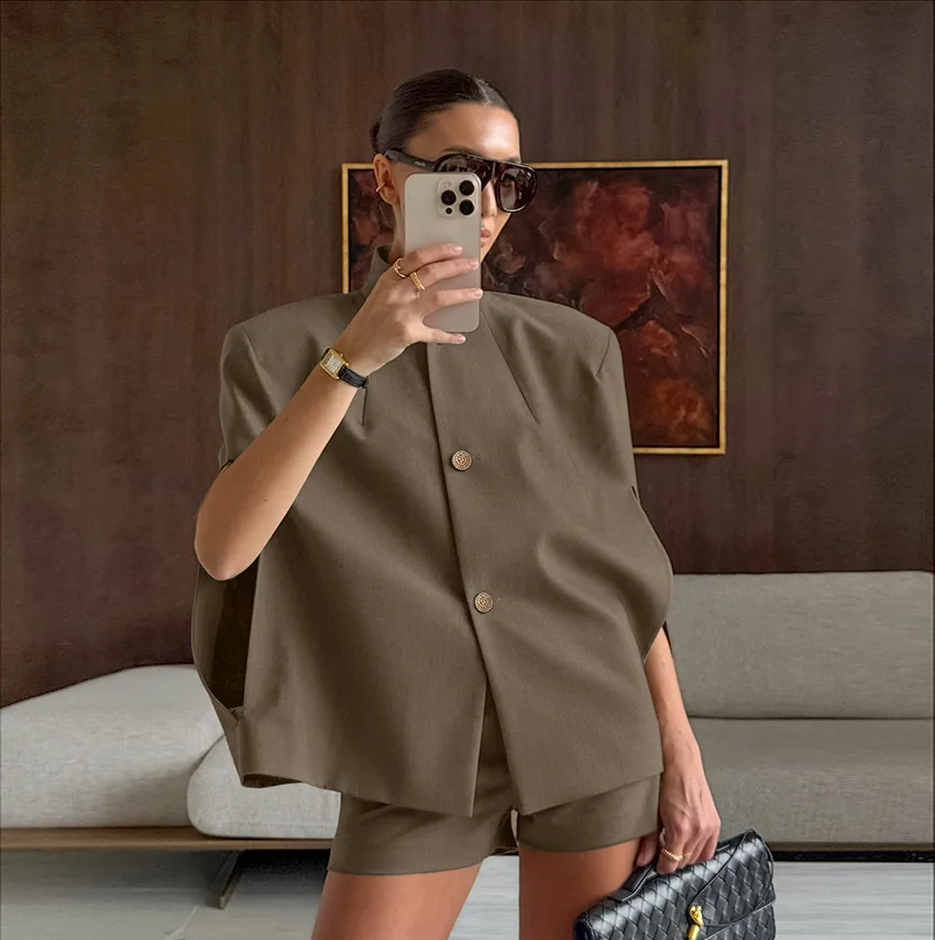 

2026 Женская повседневная весенне-осенняя одежда, новый повседневный комплект с широкими штанинами, женский шикарный однотонный однобортный верхний костюм с воротником-стойкой