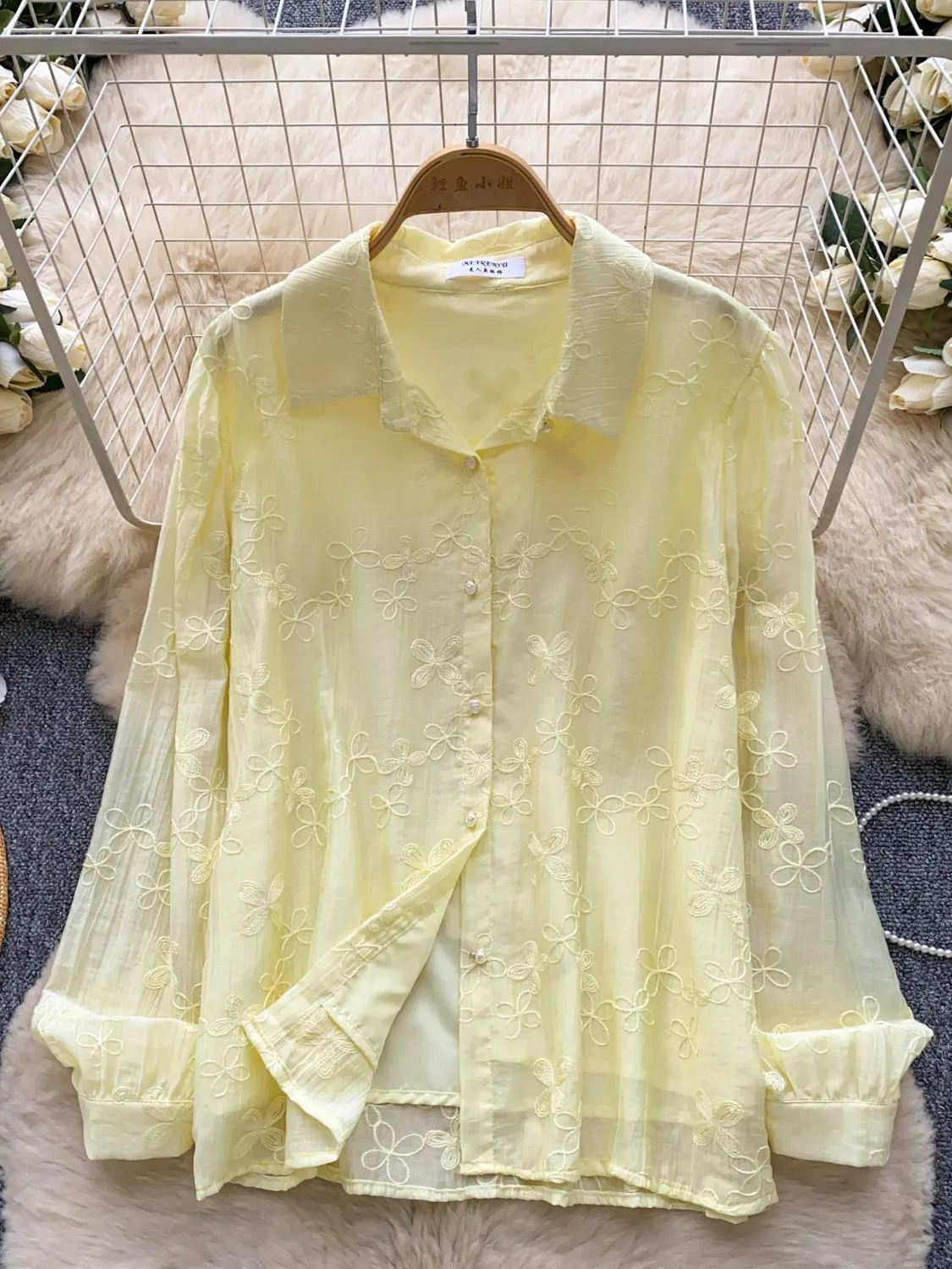 

Корейская вышитая цветочная рубашка с длинными рукавами, женский свободный кардиган, солнцезащитный топ, блузка, одежда