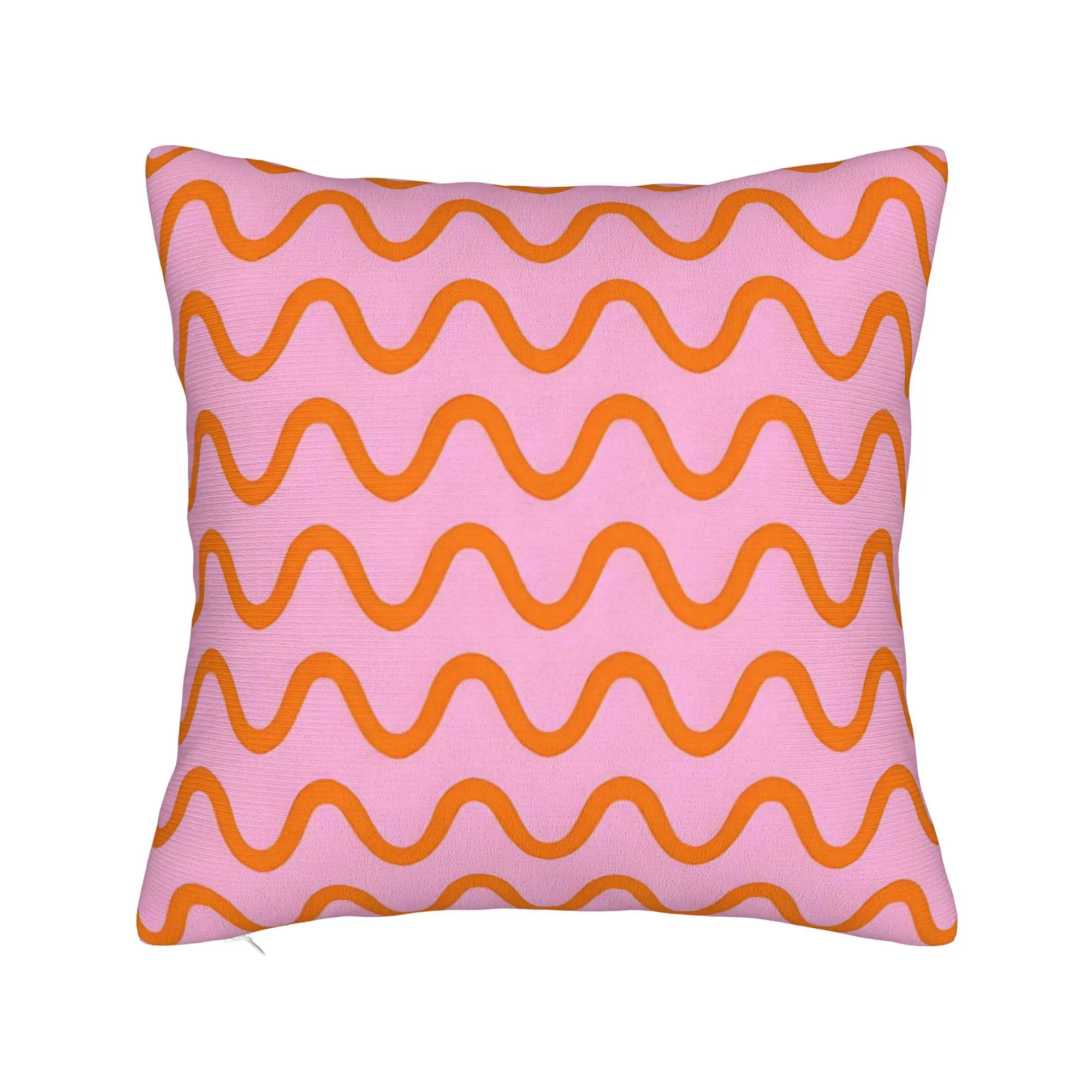 Decorative Cushion Cover for Sofas Featuring Orange Wavy Lines on a Pink Background