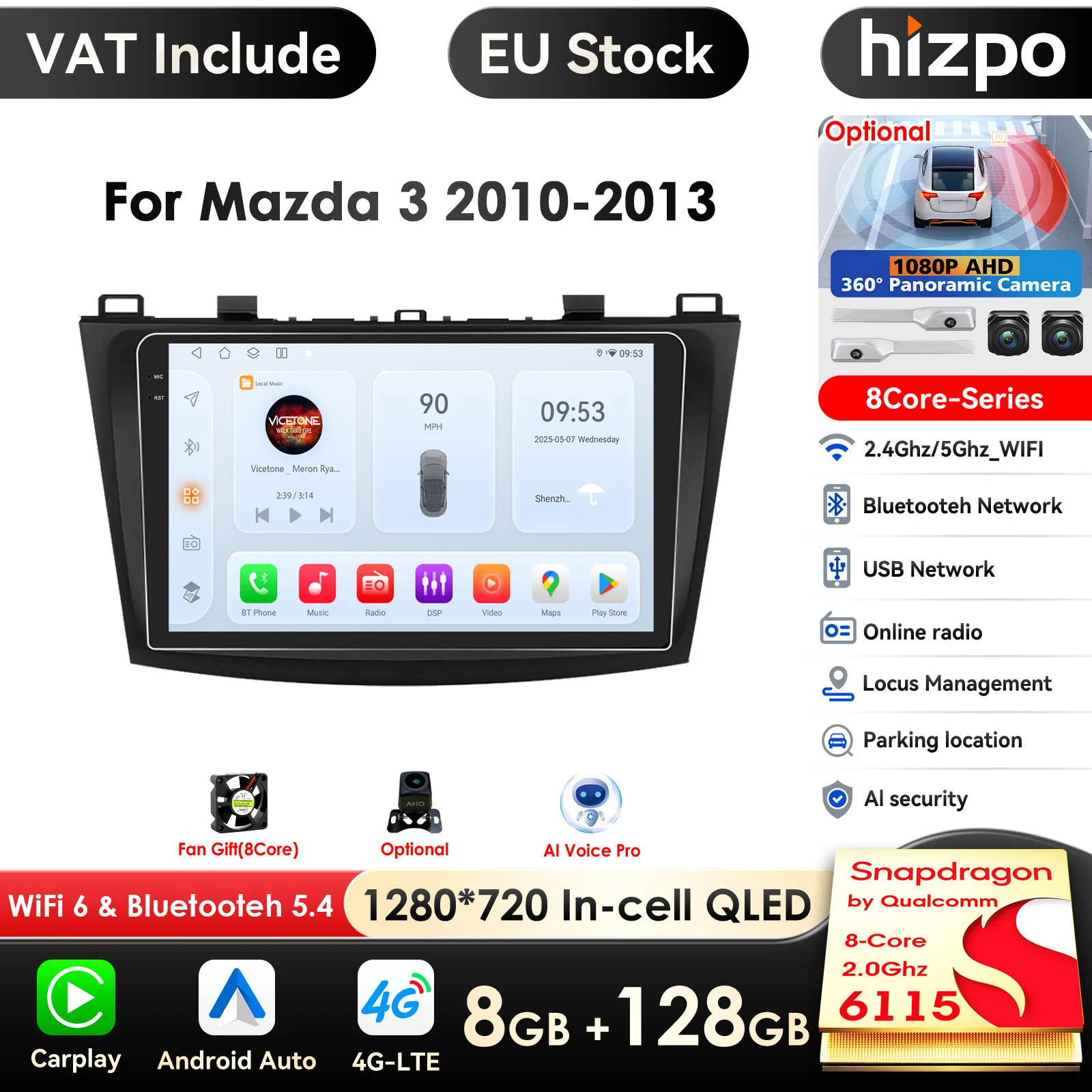 8G + 128G Android 14 Autoradio Speler Voor Mazda 3 2010 2011 2012 2013 Autoradio GPS Navigatie WIFI RDS IPS Multimedia Stereo 2din - afbeelding 2