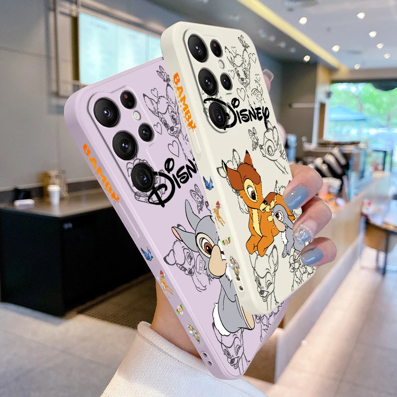 Disney Bambi Luxury Cartoon Liquid Left Rope For Samsung Galaxy S24 S23 S22 S21 S20 FE S10 Ultra Plus Lite 5G Cover Soft