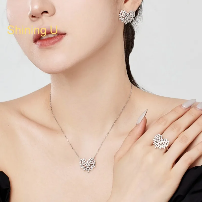 

Сияющий U S925 Серебряное Сердце Комплект Ювелирных Изделий Ожерелье Серьги Кольцо Изысканные Ювелирные Изделия Свадьба