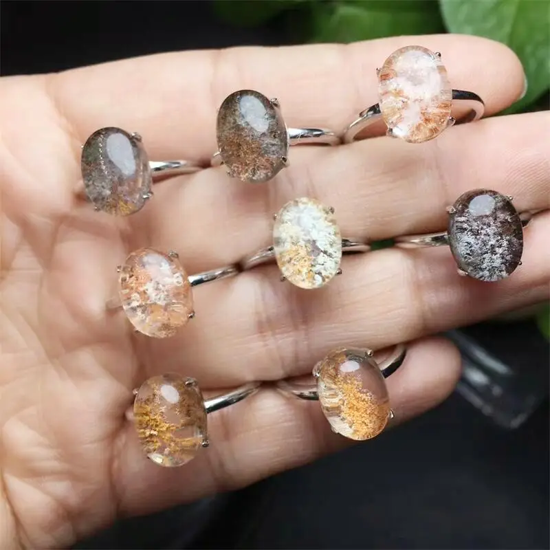 S925 Natural Colored Garden Quartz Ring Resizable Sterling Silver Reiki Healing Stone Jewelry Gift 1PCS