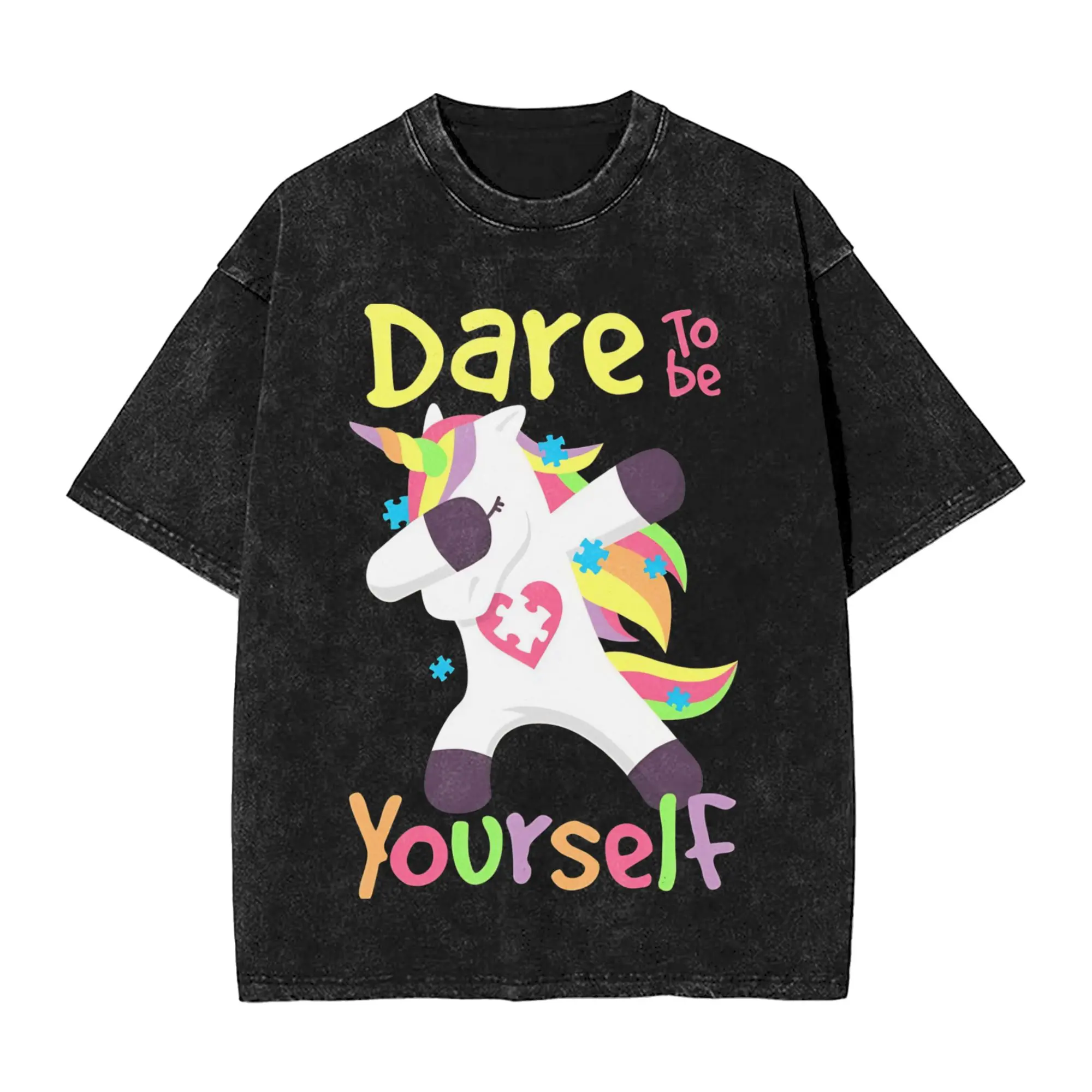 Dare To Be Yourself T Shirt Hip Hop Washed Cotton Harajuku T-Shirt Autism Dabbing Unicorn for Men Tops Streetwear Summer Tees