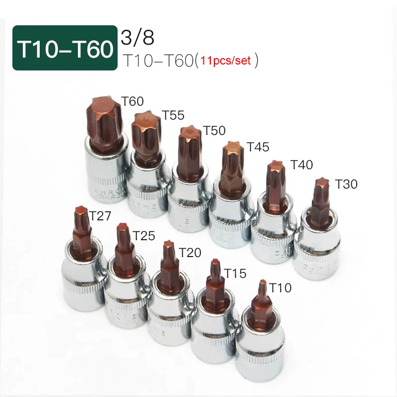 

11PCS/set S2 3/8" Drive Torx screwdriver Bit Socket Allen Key Adapter Metric Star T10 T15 T20 T25 T27 T30 T40 T45 T50 T55 T60