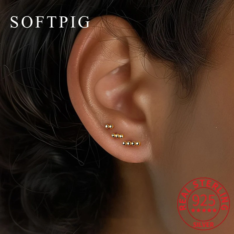 

SOFTPIG 1 Pcs Real 925 Sterling Silver 18K Gold Flower Bead Mini Stud Earrings for Women Cute Fine Jewelry Plant Accessories