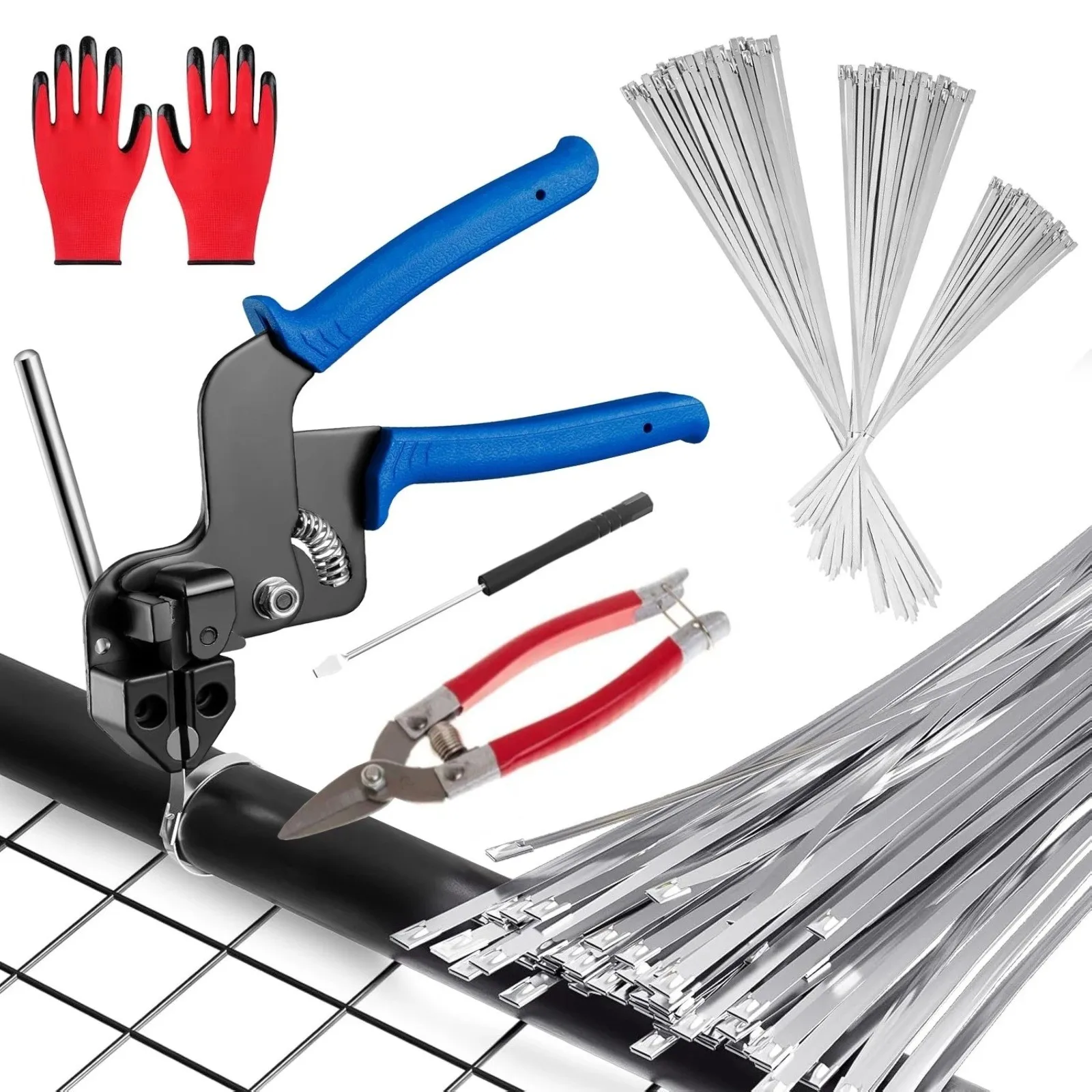 Stainless Steel Cable Tie Tool Kit, Heavy Duty Self-Locking Metal Zip Ties Tool Set For Outdoor Pipe Fence Cable Fastening