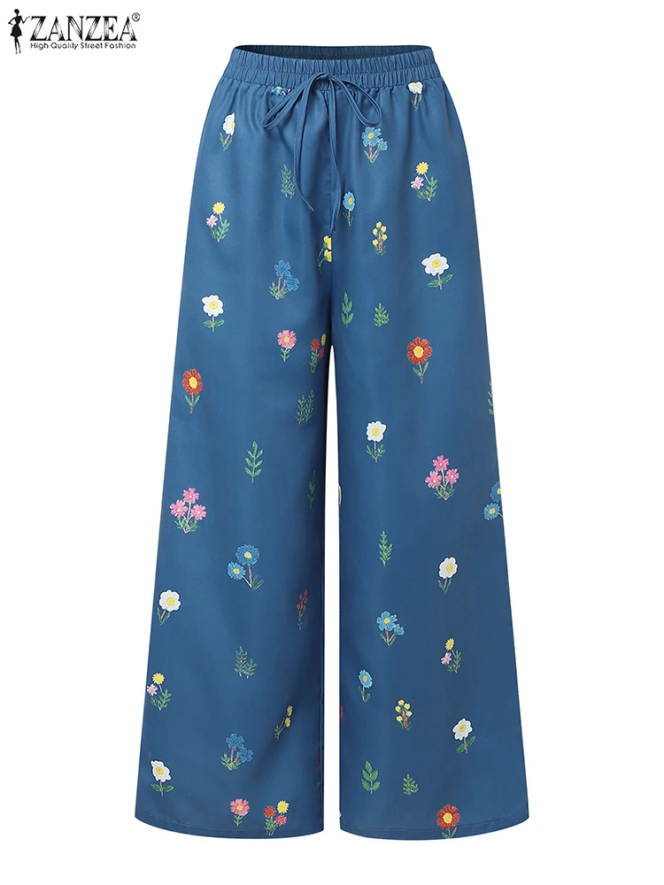 ZANZEA Vrouwen Bloemenprint Wijde Pijpen Broek 2025, Herfst Casual Lace-Up Elastische Taille Losse Broek Vrije tijd Dagelijkse Slijtage Bodems
