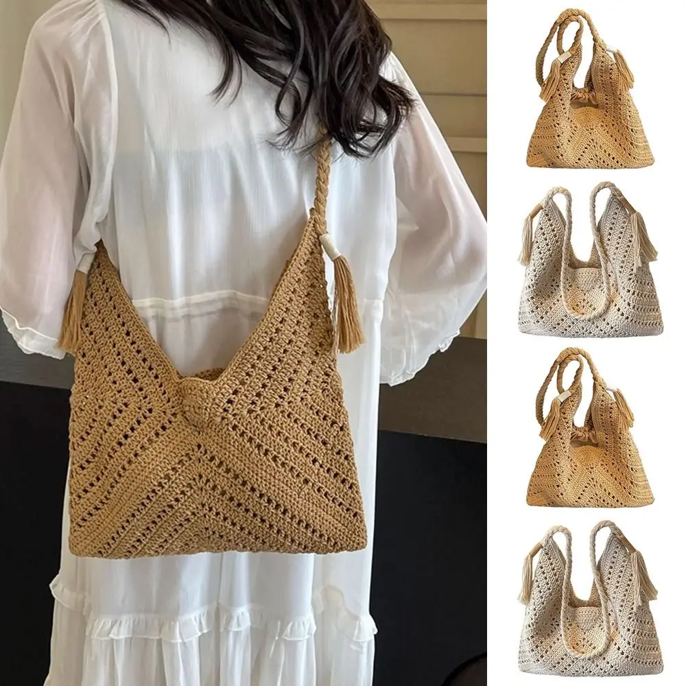 Handmade Crochet Cotton Bag Stylish Hollow Square Woven Look Hollow Square Flower Bag Hollowed Out Pattern