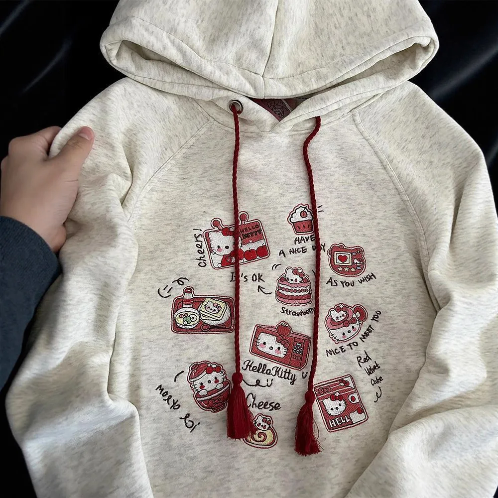 

Kawaii Hello Kitty Print Hoodie Women Men Unisex Pullover Soft Comfort Embroidered Cuff Sanrio Casual Streetwear Fashion Top