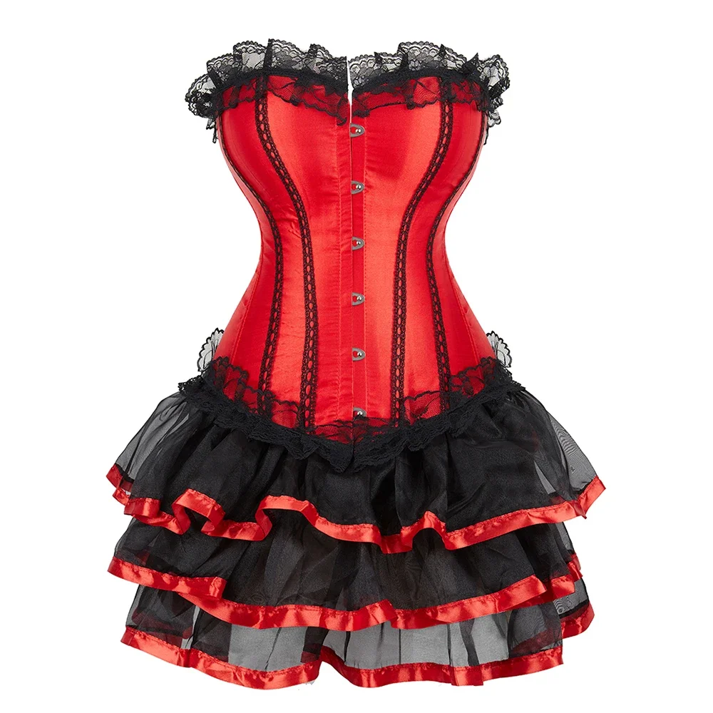 

Vintage Corset Dress Overbust Bustier Top With Layered Mesh Skirt Clubwear Retro Costume