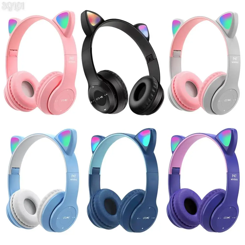 Gradient Headphone Cartoon Flash Light Kids Children Headphone Voice Control Bluetooth-Compatible Pink Little Girl Earphone Gift