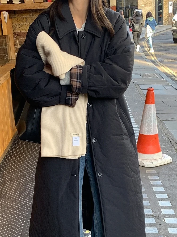 

Ele Long Cotton Jaet Women's Korean Sle Winter Vintage Plaid Loose Knee-Length Cotton Coat Overcoat Bla