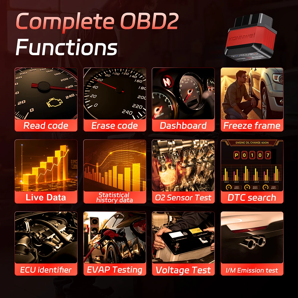2026 KONNWEI KW905 ELM327 OBD2 Car Scanner Bluetooth 5.0 Battery Detection Engine Fault Scanner OBDII Code Reader DiagnosticTool