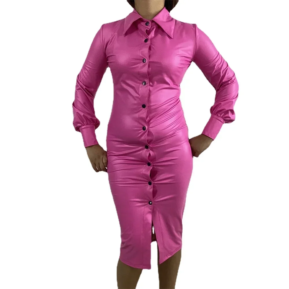 

Women Sexy PU Leather Turn-down Collar Dress Elegant Lady Long Sleeve Skinny Ruched Knee-Length Dress Bodycon Night Club Wear