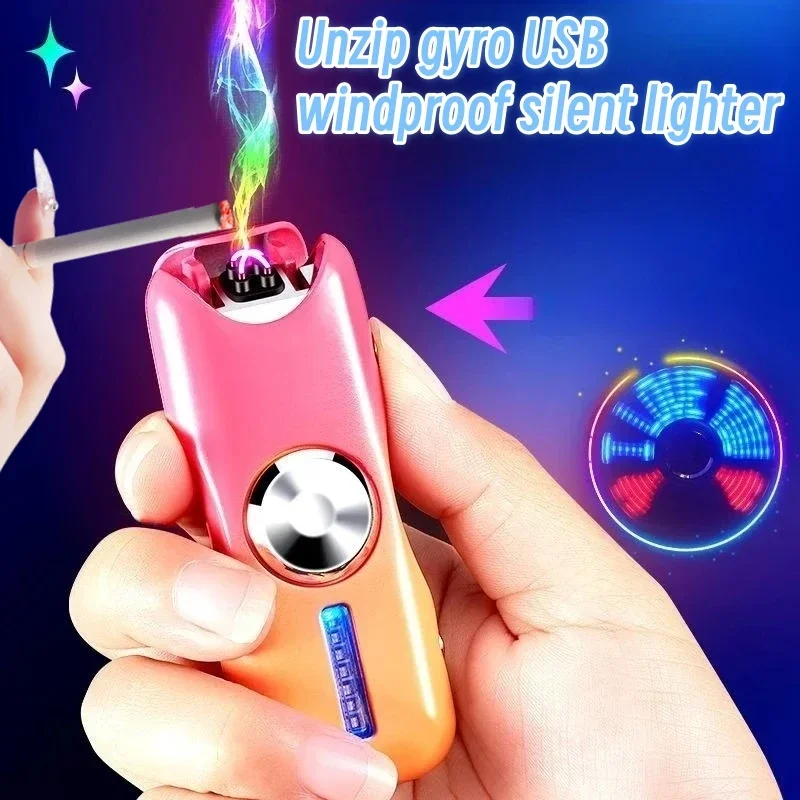 

Metal USB dual arc windproof silent lighter with personalized fingertip gyroscope color light lighter, equipped with LED lights