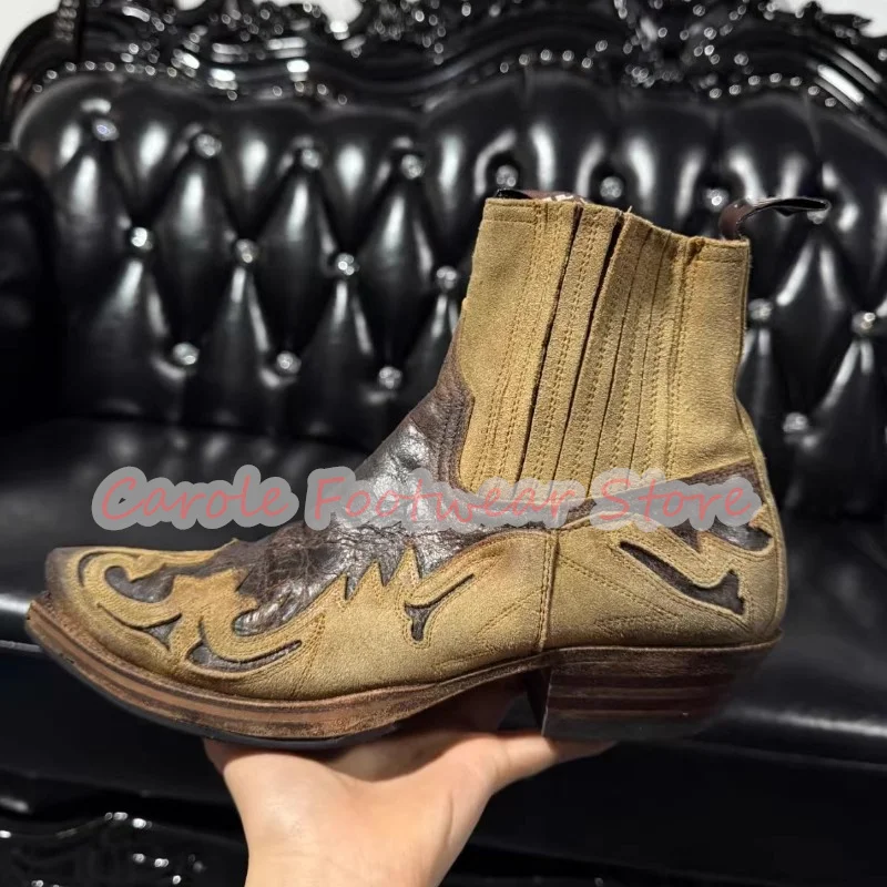 

Retro Totem Mixed Color Leather Chelsea Boots for Men Handmade Pointed Toe Chunky Heel Ankle Boots Male Motorcycle Boots