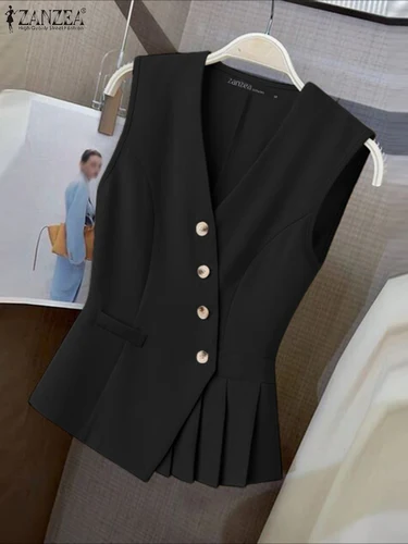 Imagen 2 del producto ZANZEA-Chalecos delanteros diagonales con estilo para mujer, chalecos ligeros informales con cuello en V, sin mangas, dobladillo plisado, ropa de oficina, Tops para ir al trabajo