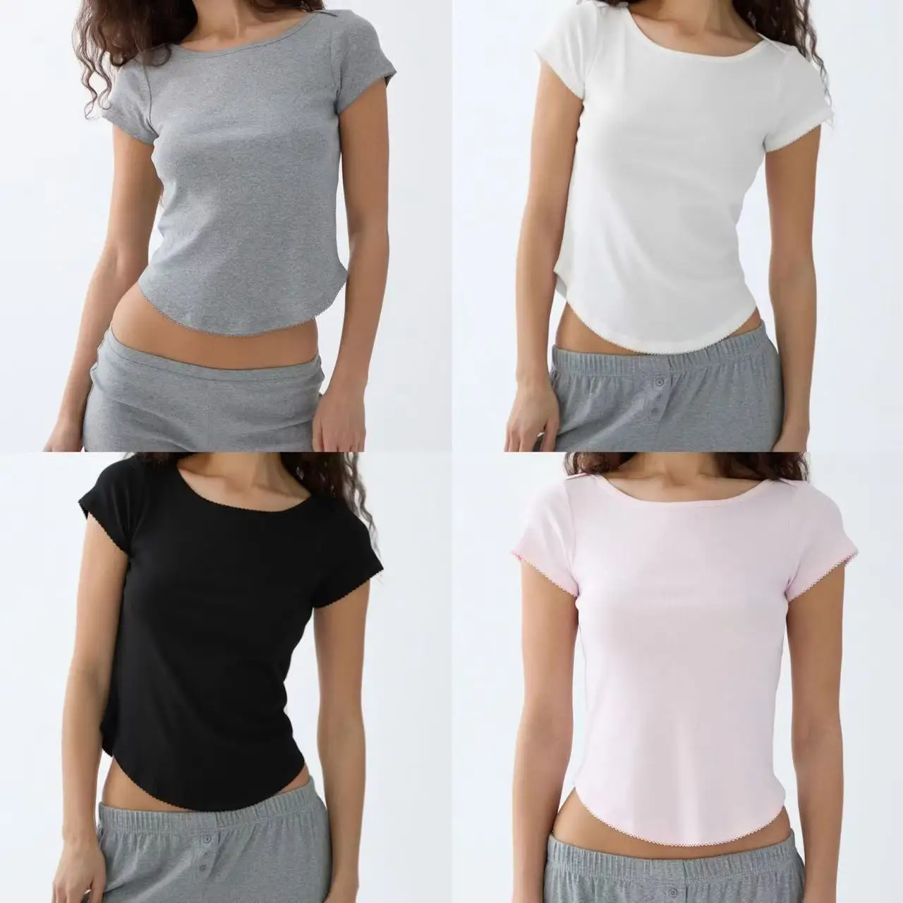 COUCOU Black and White Kiko Style Solid-Color Boat-neck Short-Sleeve T-Shirt with Curved Hem and Dog-Tooth Lace Edging