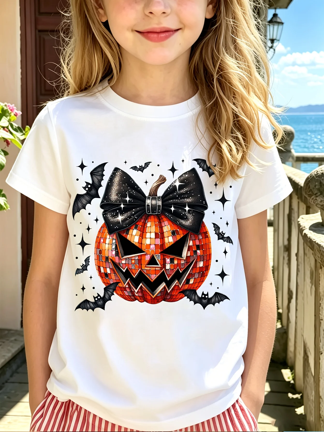 Kids Boys Girls Family Matching T Shirt Halloween Disco Pumpkin Bow Bat Sparkle Graphic Print Short Sleeve Crew Neck Tee Tops