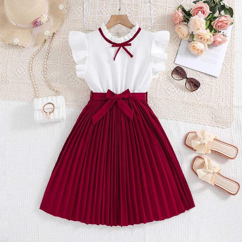 Summer Girl Dress Preppy Style Fashion Flying Sleeves Lace Neckline White & Red Pleated Skirt 2024 New Style 8-12 Age Dress