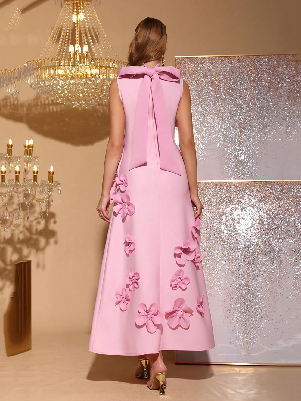 Modphy Patchwork Appliques Dress For Women Stand Collar Sleeveless High Waist Elegant Spliced Lace Up Dresses Female New 2025 - Image 5