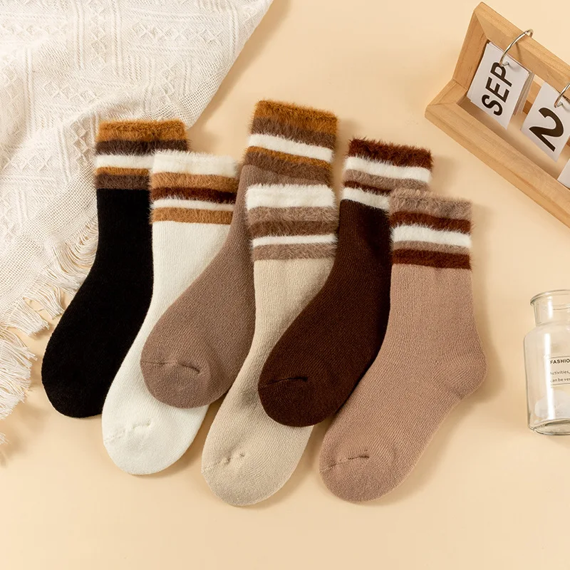 

Women's Socks Cashmere Autumn Winter Thick Fleece Middle Tube Fluffy Fuzzy Warm Comfortable Wool Stockings Cold Striped Sweet
