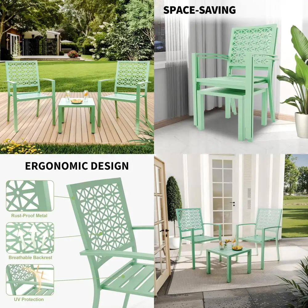 

Outdoor Bistro Set - 3 Piece Patio Cafe Table and Stackable Chairs, Weather-Resistant Iron Furniture for Garden and Balcony